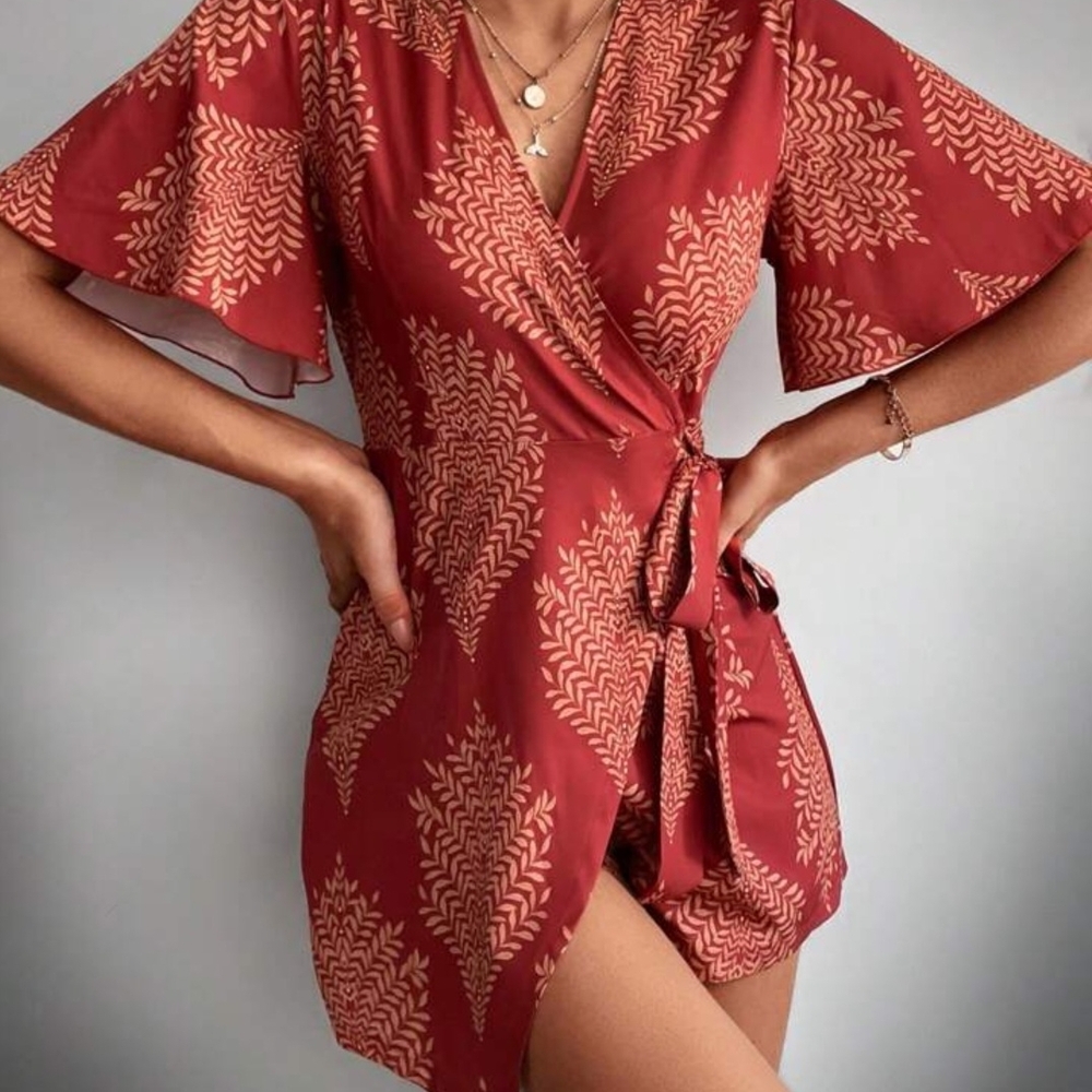 Shein Red Wrap Dress with Leaf Pattern